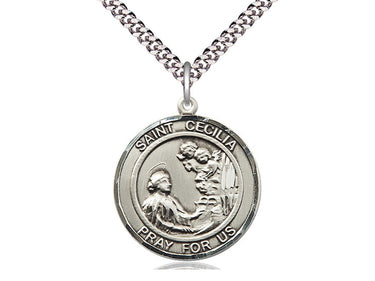 Sterling Silver St. Cecilia Patron Saint Medal Necklace with 24 inch Chain - 1x5/8 inch - Bliss Manufacturing