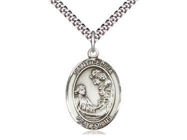 Sterling Silver St. Cecilia Patron Saint Medal Necklace with 24 inch Chain - 1x3/4 inch - Bliss Manufacturing