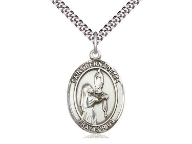 Sterling silver St. Bernadette patron saint medal necklace, 1 by 3/4 inch, 24 inch chain, Bliss