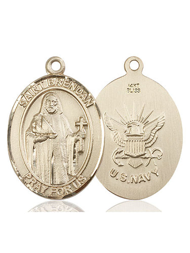 14kt solid gold St. Brendan the Navigator patron saint medal pendant, 1 inch by 3/4 inch, handcrafted in USA by Bliss Manufacturing