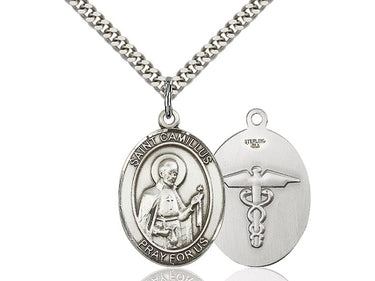 Sterling Silver St. Camillus of Lellis Patron Saint Medal Necklace, 1 inch x 3/4 inch on 24 inch chain, Bliss USA
