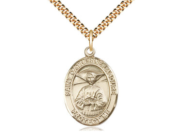 14kt gold filled St. Catherine Laboure patron saint medal necklace, 1 inch by 3/4 inch pendant, 24 inch chain, handcrafted by Bliss