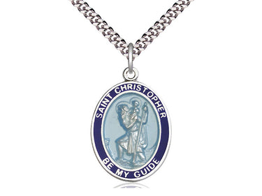 Sterling silver St. Christopher medal necklace with blue enamel border, 1x3/4 inch pendant on 24 inch chain by Bliss
