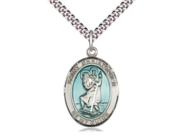 Sterling silver St. Christopher medal necklace, 1 x 3/4 inch, 24-inch curb chain, handcrafted by Bliss