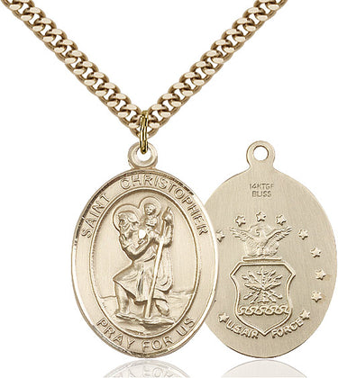 14kt Gold Filled St Christopher Medal Necklace 1x3/4 inch pendant with 24 inch curb chain handcrafted by Bliss Manufacturing