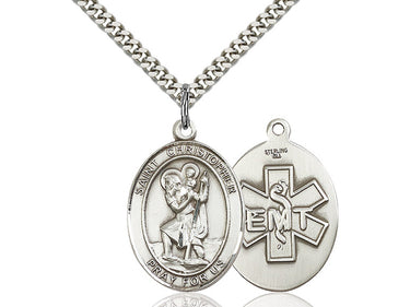 Sterling Silver St. Christopher EMT Medal Necklace 1 inch by 3/4 inch with 24 inch chain by Bliss