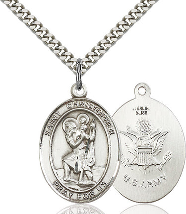 Sterling silver St. Christopher patron saint medal necklace 1 x 3/4 inches with 24 inch chain by Bliss