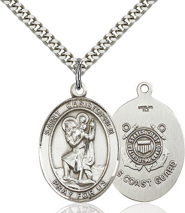 Sterling Silver St. Christopher Coast Guard Medal Necklace 1 x 3/4 inch on 24 inch chain by Bliss