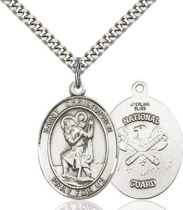 Sterling silver St. Christopher National Guard medal necklace 1 x 3/4 inches with 24 inch chain by Bliss USA