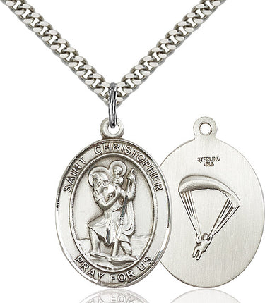 Sterling Silver St. Christopher Paratrooper Medal Necklace 1 x 3/4 inches on 24 inch curb chain by Bliss