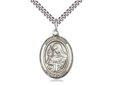 Sterling Silver St. Clare of Assisi Patron Saint Medal Necklace 1 inch by 3/4 inch on 24 inch curb chain by Bliss