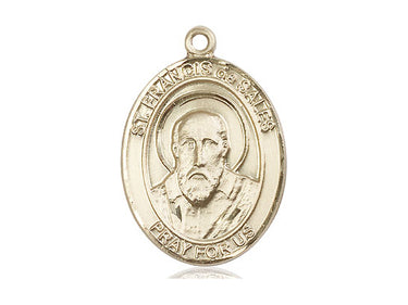 14kt Solid Gold St. Francis de Sales Patron Saint Medal Pendant 1 inch by 3/4 inch handcrafted by Bliss Manufacturing USA