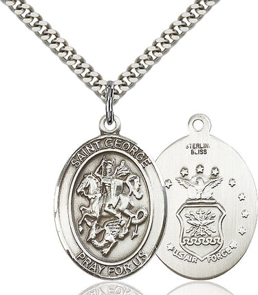 Sterling Silver St. George Patron Saint Medal Necklace 1x3/4 inch on 24 inch chain by Bliss Manufacturing