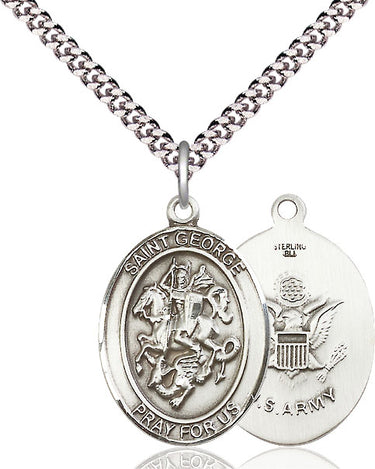 Sterling Silver St. George Patron Saint Medal Necklace with 24 inch chain, handcrafted by Bliss Manufacturing USA