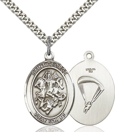 Sterling Silver St. George Paratrooper Medal Necklace 1x3/4 inch pendant 24 inch chain Bliss USA