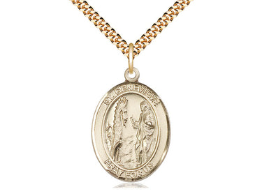 14kt Gold Filled St. Genevieve Patron Saint Medal Necklace 1 inch by 3/4 inch on 24 inch Chain Bliss USA