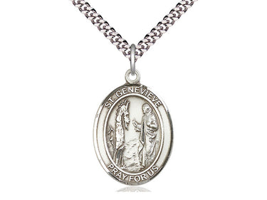 Sterling Silver St. Genevieve Patron Saint Medal Necklace 1 x 3/4 inches with 24 inch chain by Bliss Manufacturing USA