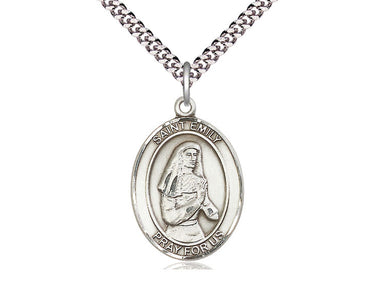 Sterling silver St. Emily de Vialar patron saint medal necklace with 1x3/4 inch pendant on 24 inch curb chain by Bliss Manufacturing