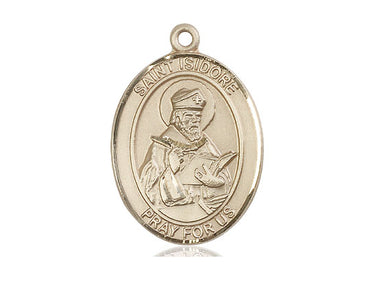14kt solid gold St. Isidore of Seville patron saint medal pendant, medium 1 inch by 3/4 inch, handmade in USA by Bliss