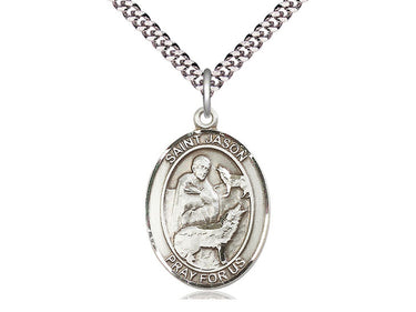 Sterling Silver St. Jason Patron Saint Medal Necklace 1 inch x 3/4 inch pendant 24 inch chain Bliss