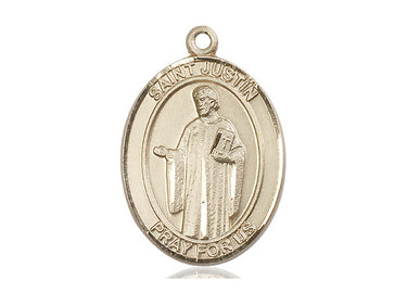 14kt solid gold St. Justin Martyr patron saint medal pendant, medium 1x3/4 size, handcrafted by Bliss Manufacturing USA