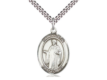 Sterling Silver St. Justin Martyr Patron Saint Medal Necklace 1x3/4 with 24 Inch Chain by Bliss