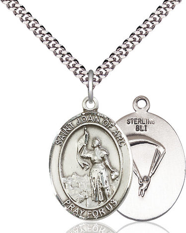 Sterling Silver St. Joan of Arc Paratrooper Medal Necklace 1x3/4 inch pendant 24 inch chain Bliss USA