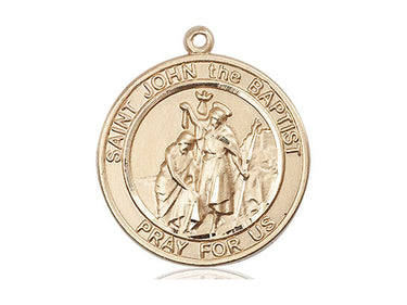 14kt solid gold St. John the Baptist Catholic patron saint medal pendant, 1 inch by 5/8 inch, handcrafted by Bliss Manufacturing