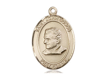14kt solid gold St. John Bosco Catholic patron saint medal pendant, 1 inch by 3/4 inch, handcrafted by Bliss Manufacturing
