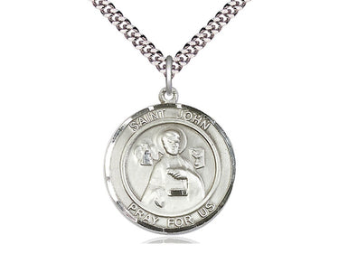 Sterling Silver St. John the Apostle Patron Saint Medal Necklace 1 x 5/8 inch 24 inch chain Bliss USA