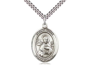 Sterling Silver St. John the Apostle Patron Saint Medal Necklace 1x3/4 inches 24 inch chain Bliss USA