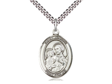 Sterling Silver St. Joseph Patron Saint Medal Necklace 1x3/4 inch pendant 24 inch curb chain Bliss USA