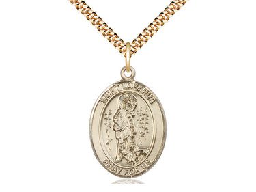 14kt Gold Filled St. Lazarus patron saint medal necklace with 24 inch curb chain, Medium 1x3/4 inch pendant, Bliss Manufacturing