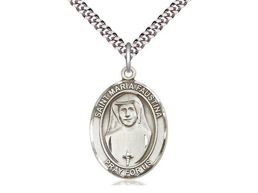 Sterling Silver St. Maria Faustina Catholic patron saint medal necklace with 24 inch chain by Bliss Manufacturing