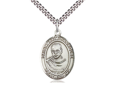 Sterling Silver St. Maximilian Kolbe patron saint medal necklace, 1 x 3/4 inches, 24 inch chain, handcrafted by Bliss Manufacturing USA