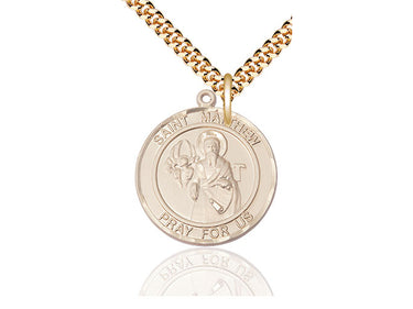 14kt Gold Filled St. Matthew the Apostle Patron Saint Medal Necklace 1x5/8 inch 24 inch Curb Chain Bliss USA Made