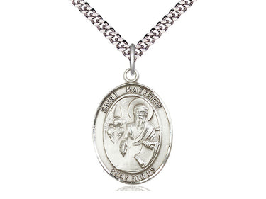 Sterling Silver St. Matthew the Apostle Medal Necklace 1x3/4 inches with 24 inch Chain by Bliss Manufacturing
