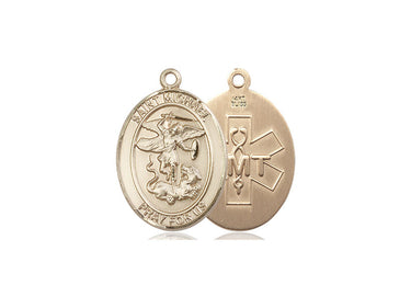 14kt solid gold St. Michael EMT medal pendant, 1 inch by 3/4 inch, handcrafted in USA by Bliss Manufacturing