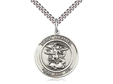 Sterling Silver St. Michael the Archangel Patron Saint Medal Necklace 1 inch by 5/8 inch on 24 inch curb chain handcrafted by Bliss Manufacturing USA