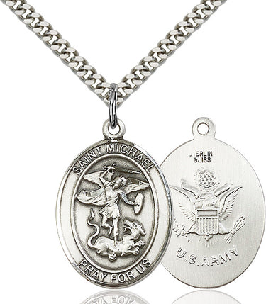 Sterling Silver St. Michael the Archangel Army Medal Necklace 1 x 3/4 inch on 24 inch Curb Chain by Bliss