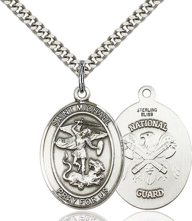 Sterling silver St Michael the Archangel medal pendant necklace with 24 inch curb chain handmade by Bliss Manufacturing