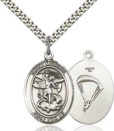 Sterling Silver St. Michael Paratrooper Medal Necklace 1 inch by 3/4 inch with 24 inch Curb Chain by Bliss