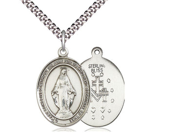 Sterling Silver Miraculous Medal Necklace 1 inch x 3/4 inch with 24 inch chain handcrafted by Bliss
