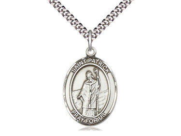 Sterling Silver St. Patrick Patron Saint Medal Necklace 1 inch by 3/4 inch on 24 inch curb chain by Bliss Manufacturing