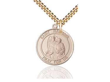 14kt Gold Filled St. Raphael the Archangel patron saint medal necklace with 24-inch curb chain, 1 x 5/8 inch pendant, handcrafted by Bliss Manufacturing USA