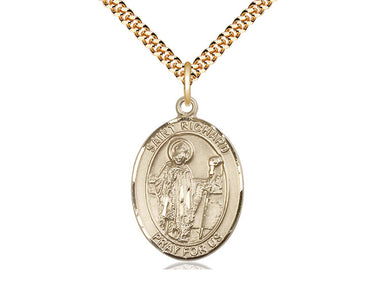 14kt Gold Filled St. Richard patron saint medal necklace with 24-inch curb chain, 1 x 3/4 inch pendant, handcrafted by Bliss Manufacturing USA