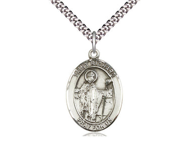 Sterling silver St. Richard patron saint medal necklace with 24 inch curb chain, handcrafted by Bliss