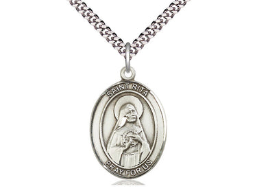 Sterling Silver St. Rita of Cascia Patron Saint Medal Necklace, 1x3/4 inch pendant, 24 inch chain, handcrafted in USA by Bliss Manufacturing
