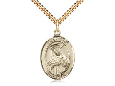 14kt Gold Filled St. Rose of Lima patron saint medal necklace with 24 inch chain, handcrafted by Bliss Manufacturing USA