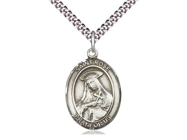 Sterling Silver St. Rose of Lima patron saint medal necklace with 24 inch chain, handcrafted by Bliss Manufacturing USA